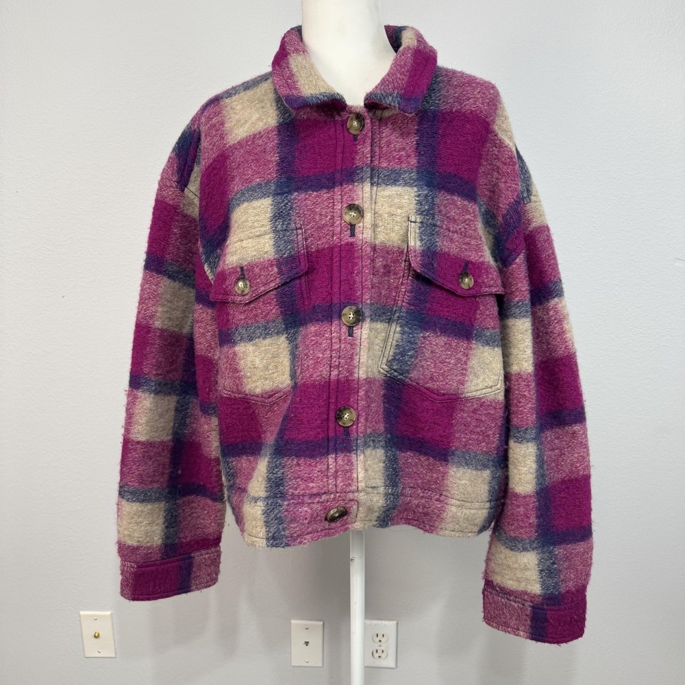 Aritzia Wilfred Free Jacket Women's 2XL Purple Plaid Wool Blend Cropped Relaxed